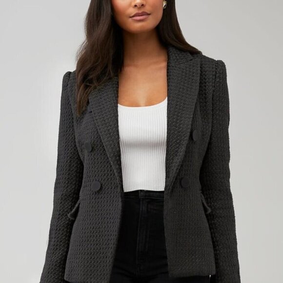 Bardot Boucle Blazer Black Double Breasted Single Button Pocketed Tweed Jacket L - Picture 1 of 11
